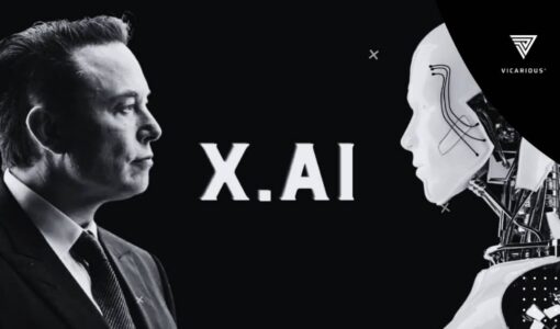 Elon Musk facing humanoid robot with X.AI text between them, representing the rise of xAI and its role in artificial intelligence innovation.