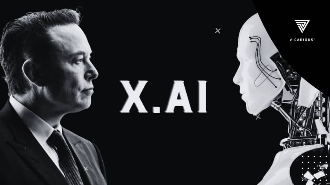 Elon Musk facing humanoid robot with X.AI text between them, representing the rise of xAI and its role in artificial intelligence innovation.
