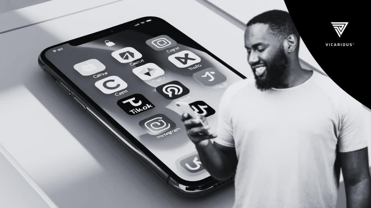 A smartphone screen showing Canva, Trello, and CapCut open on different tabs, with an African creator smiling and working.