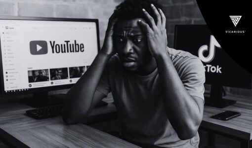 Digital creator looking overwhelmed while managing YouTube and TikTok content on two screens.