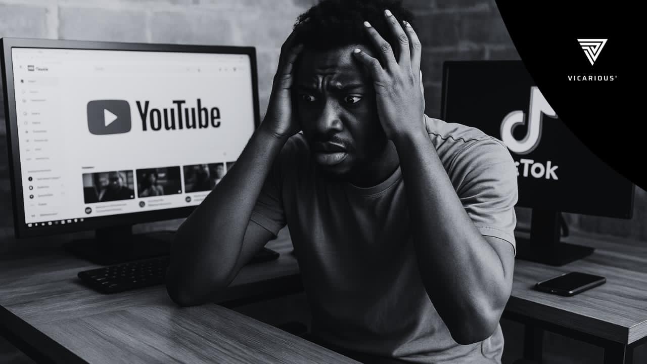 Digital creator looking overwhelmed while managing YouTube and TikTok content on two screens.
