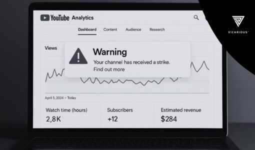 YouTube monetization status on laptop screen with warning notification about inauthentic content