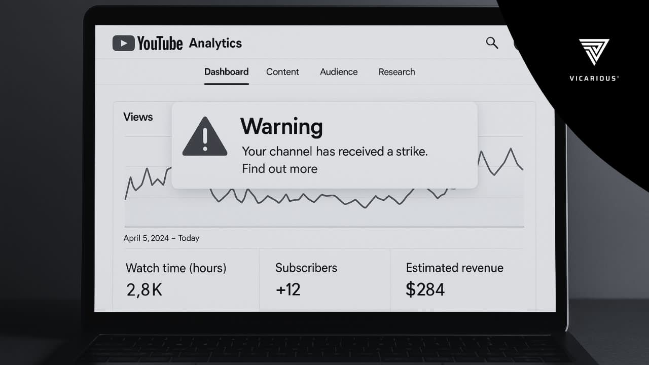 YouTube monetization status on laptop screen with warning notification about inauthentic content