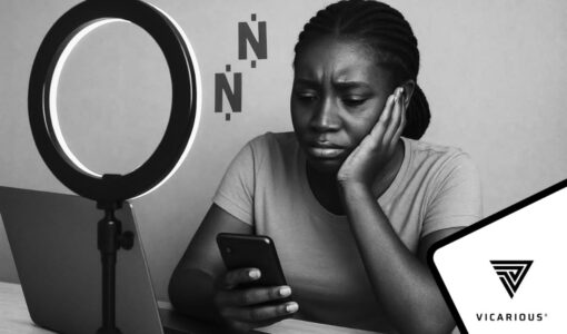 Frustrated Nigerian content creator holding their head while sitting in front of a laptop, symbolizing the struggle of earning less than ₦100,000 monthly.