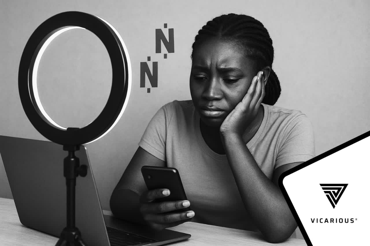 Frustrated Nigerian content creator holding their head while sitting in front of a laptop, symbolizing the struggle of earning less than ₦100,000 monthly.