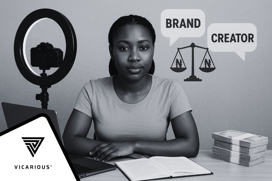 Young Nigerian content creator sitting at a desk with a laptop, camera, and cash bundles, symbolizing negotiation between brands and creators.