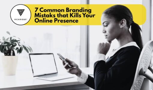 Businesswoman analyzing branding strategy on laptop with digital marketing icons