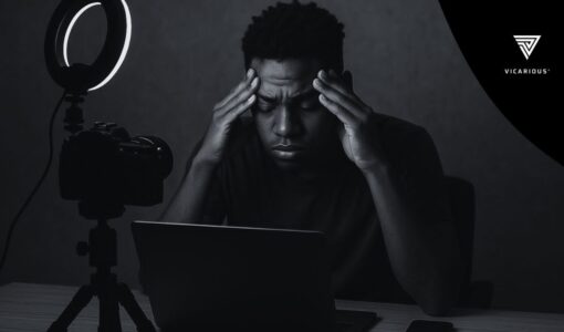 African content creator looking exhausted while working with tech equipment.