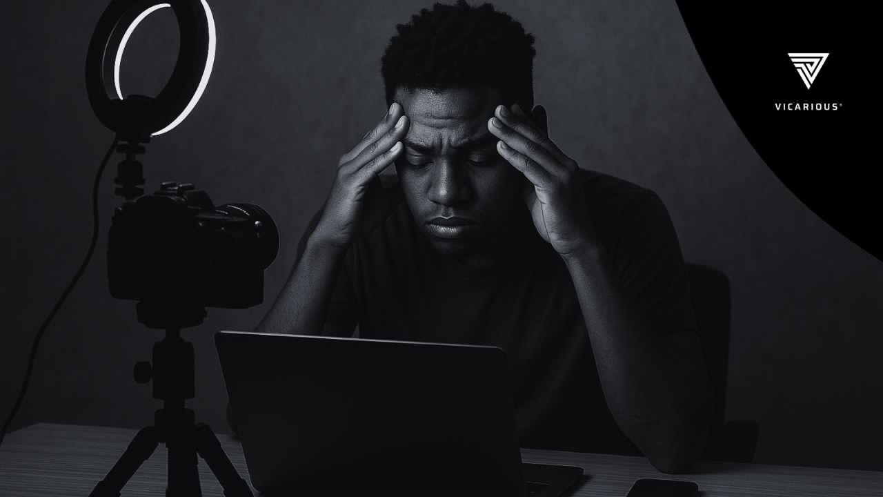 African content creator looking exhausted while working with tech equipment.