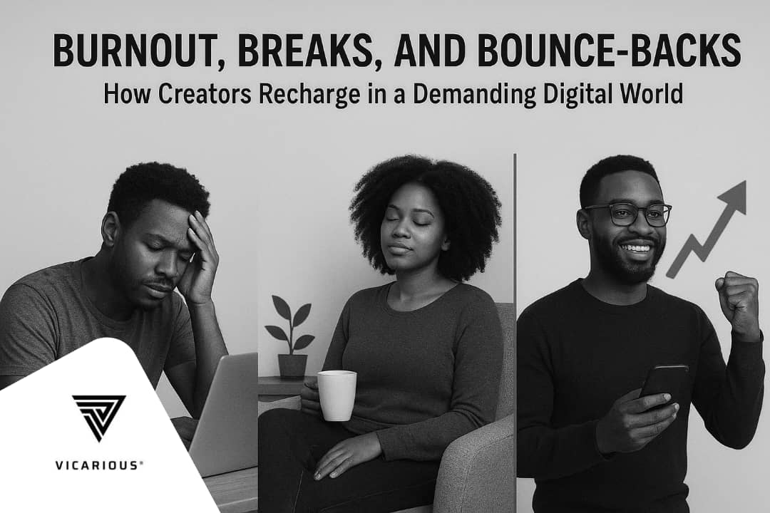"Three stages of a Nigerian creator’s journey — burnout, rest, and successful comeback — illustrating how creators recharge in a demanding digital world."