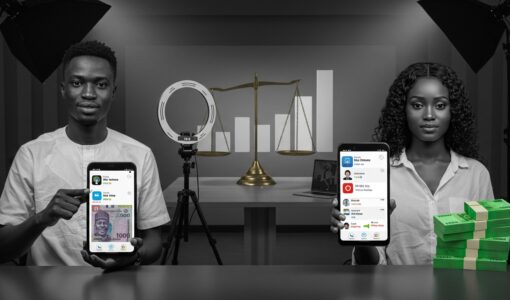 Two Nigerian digital creators holding smartphones with earnings apps displayed, separated by a scale symbol and bar chart, highlighting unequal pay in the creator economy.
