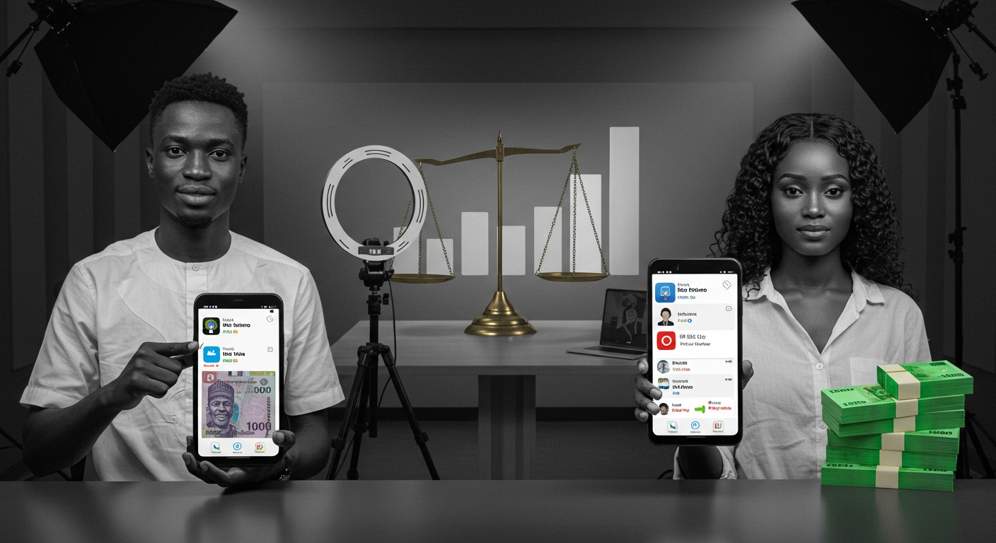 Two Nigerian digital creators holding smartphones with earnings apps displayed, separated by a scale symbol and bar chart, highlighting unequal pay in the creator economy.