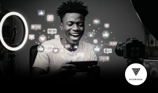Smiling young African digital creator filming content with smartphone, surrounded by floating social media like and follower icons.