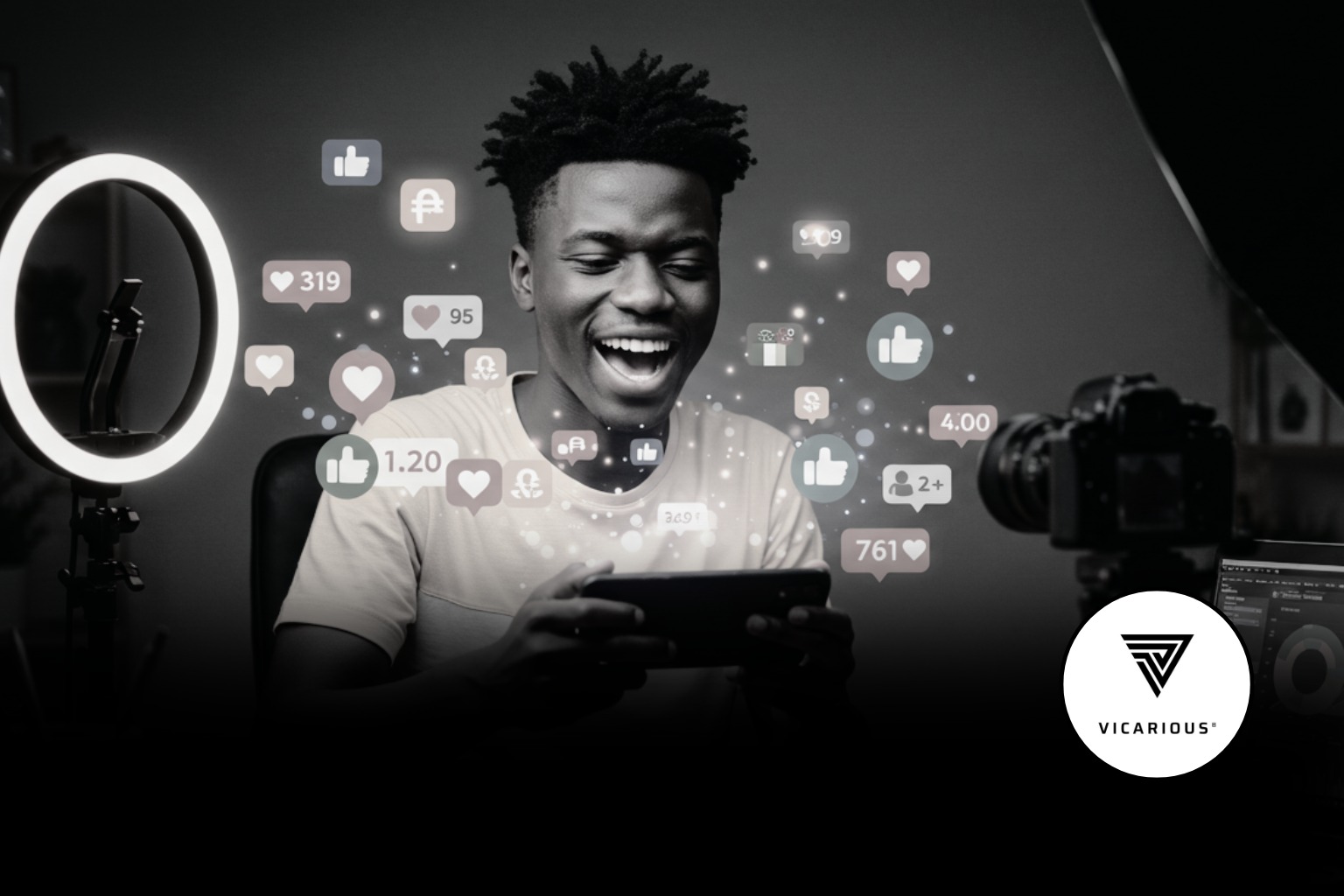 Smiling young African digital creator filming content with smartphone, surrounded by floating social media like and follower icons.