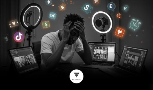 Nigerian content creator multitasking across social platforms while appearing tired.