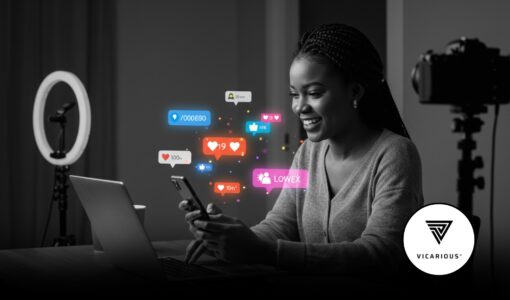 A content creator looking at her digital screen, surrounded with icons of likes, comments and new followers, symbolizing online trust-building with a new audience.