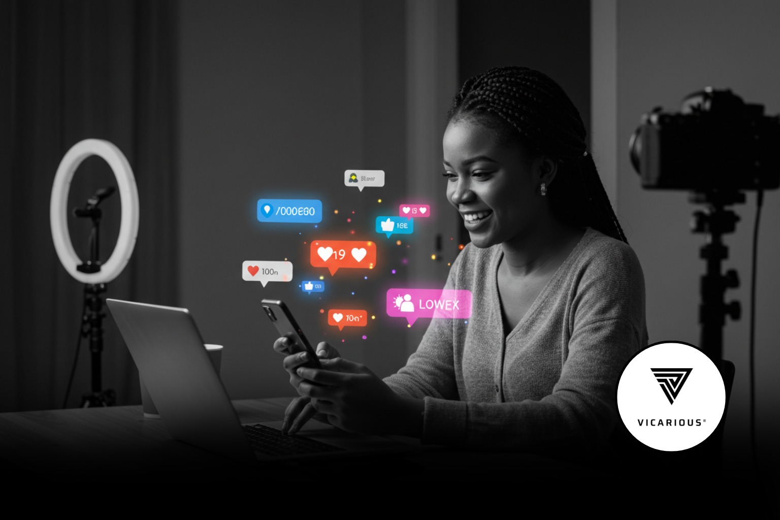 A content creator looking at her digital screen, surrounded with icons of likes, comments and new followers, symbolizing online trust-building with a new audience.