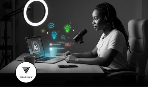 Nigerian female creator using AI tools on laptop with microphone and ring light for content creation.