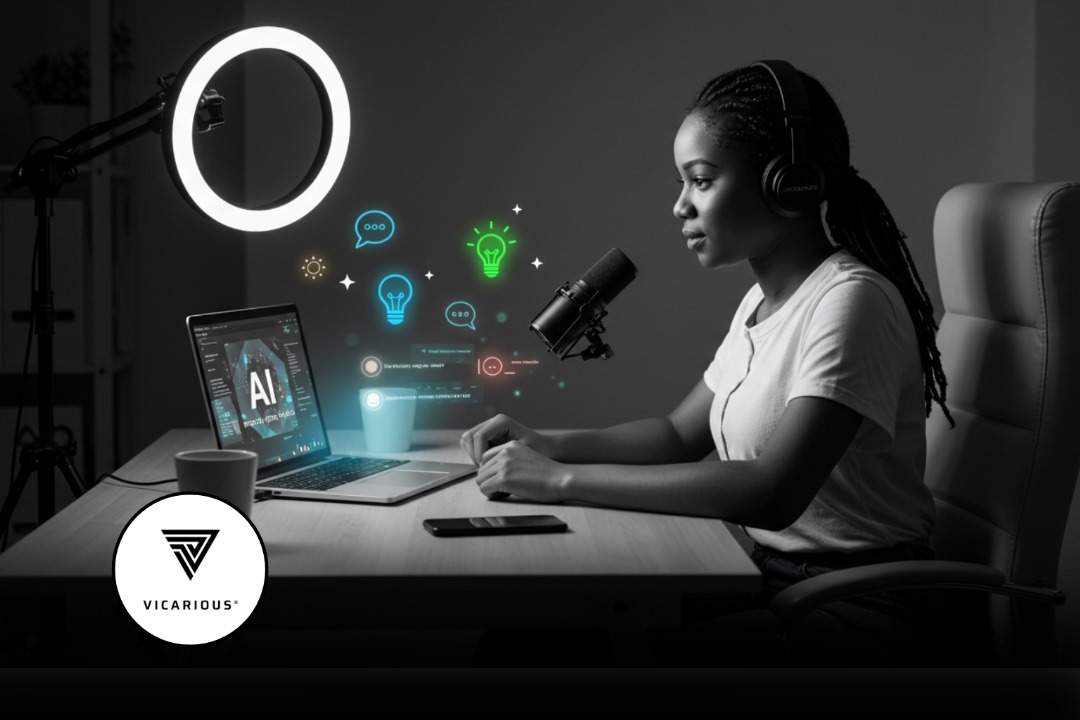 Nigerian female creator using AI tools on laptop with microphone and ring light for content creation.